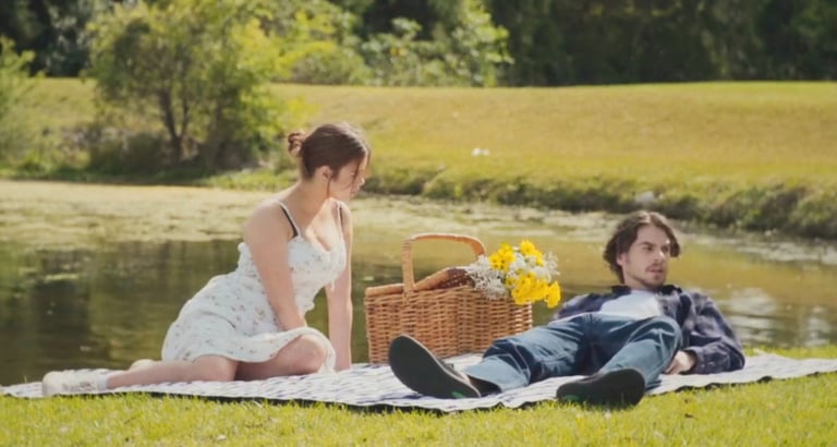 a man and woman sitting on a blanket in the grass