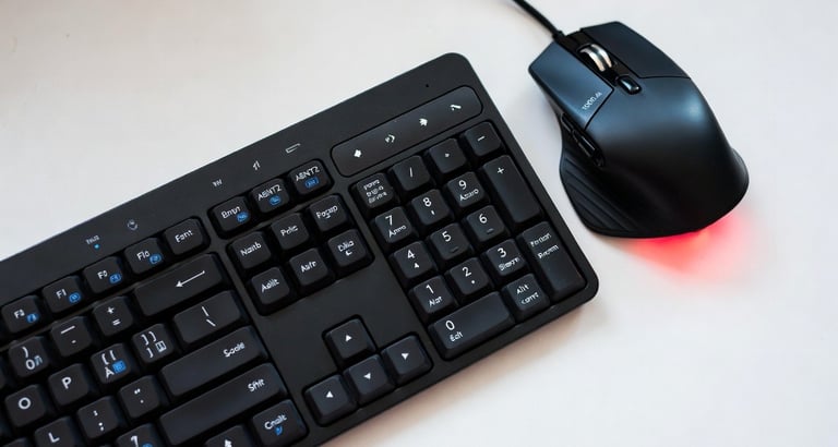 Black wireless computer keyboard and ergonomic gaming mouse with red LED glow on a white desk.