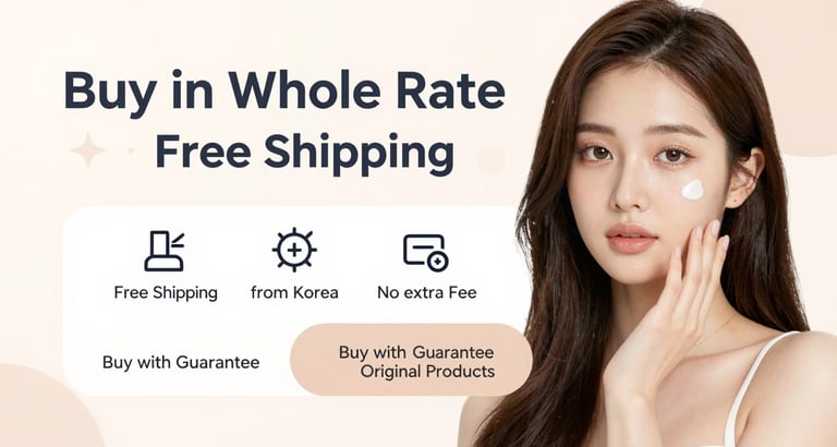 A woman applying Korean skincare with text offering free shipping on original products from Korea.
