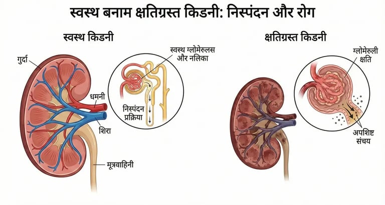 showing healthy kidney vs damaged kidney with labeled parts in Hindi