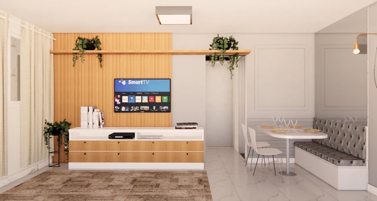 sala de estar com painel de tv e planta reformada