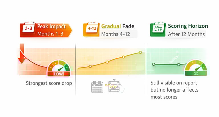 Timeline showing hard inquiry impact on credit score: peak effect in first 1-3 months, gradual fade