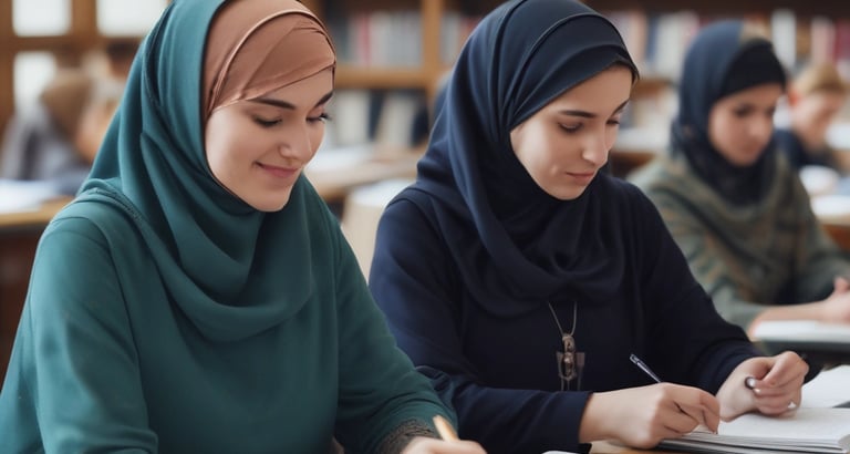 A serene scene of a niqabi woman writing notes during a marriage preparation course.