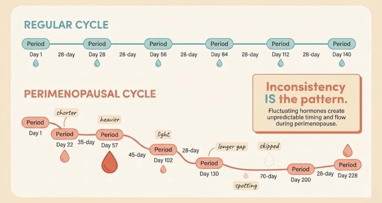 Infographic comparing regular menstrual cycles to irregular perimenopausal cycles 
