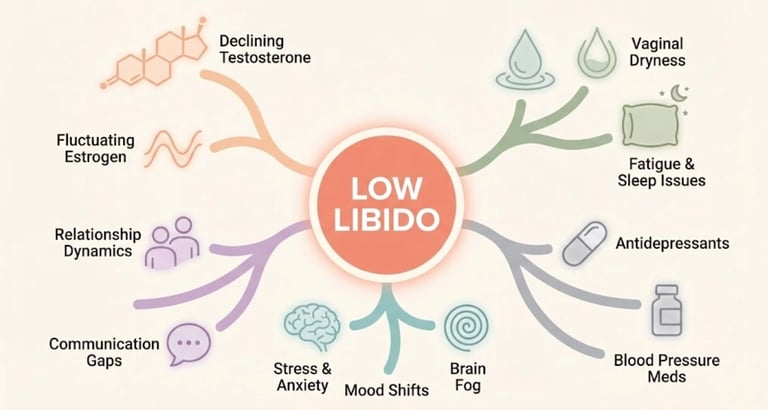 Infographic showing five categories of causes for low libido during perimenopause — hormonal, physical, psychological..