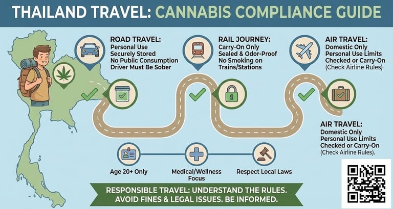 Illustration explaining rules for traveling inside Thailand with cannabis, showing transport icons and legal compliance