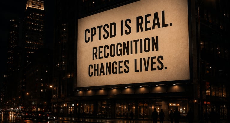 Billboard displaying the message "CPTSD Is Real. Recognition Changes Lives." to raise awareness of C