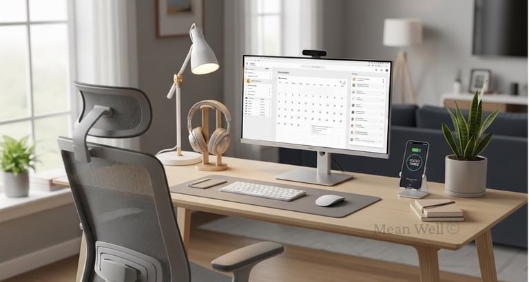 Modern minimalist home office setup with an ergonomic chair, calendar on monitor, and desk lamp.