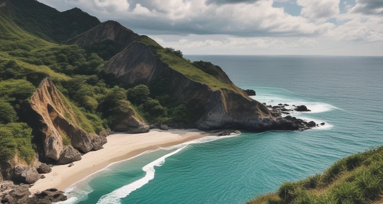 Aerial view of a secluded tropical beach with turquoise ocean waves and lush green mountain cliffs.