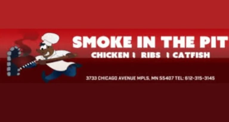 Smoke In The Pit BBQ restaurant logo featuring a chef and menu items like chicken, ribs, and catfish.