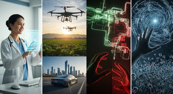 Collage of AI applications across healthcare, agriculture, mobility, cybersecurity, and science.