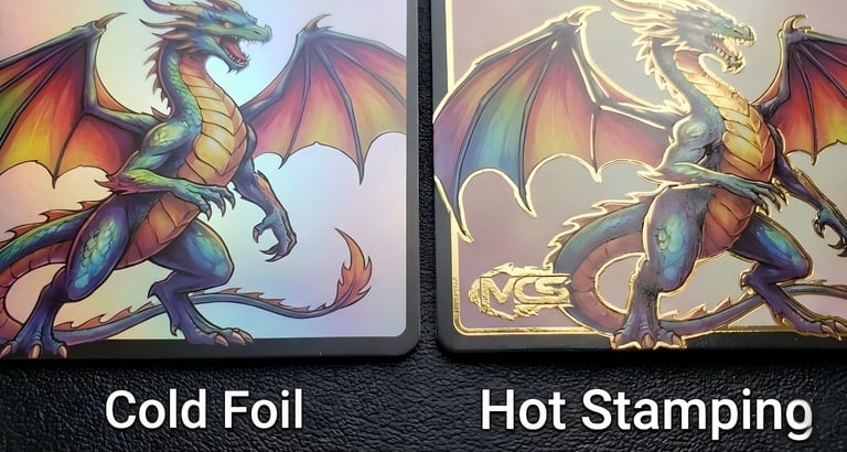 Side-by-side comparison of a Cold Foil card with smooth, colorful metallic gradient versus a Hot Sta