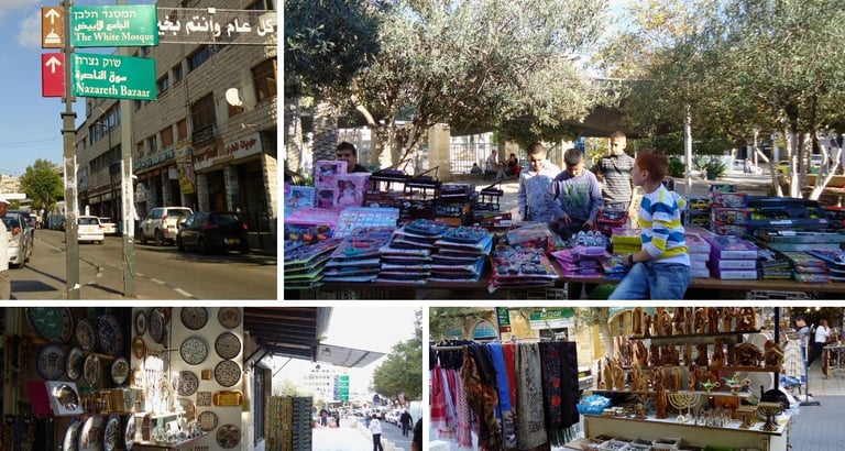 Bazaar de Nazaré, com barracas de roupas coloridas e souvenirs típicos da região.