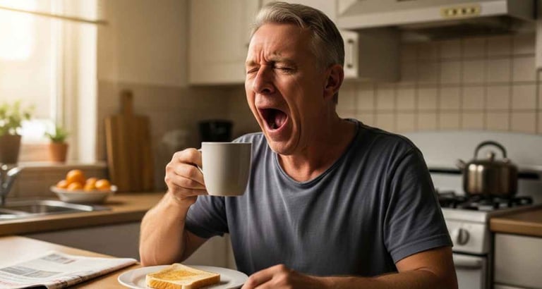 Homem de aproximadamente 55 anos bocejando pela manhã na cozinha, segurando uma xícara de café.