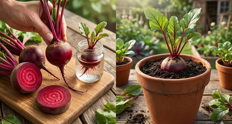 Beterrabas sendo rebrotadas na água e depois cultivadas em vaso de terracota em uma horta ensolarada