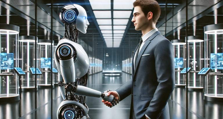 a man in a suit shaking hands with a robot
