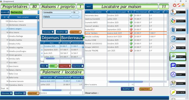 Fenêtre enregistrement du logiciel iGesim