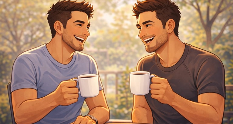 tvÄ skrattande animerade mÀn som tar en kaffe ihop