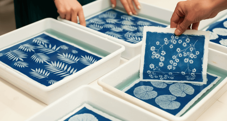 Artista rrevelando cianotipias azul con patrones botánicos de hojas en bandeja