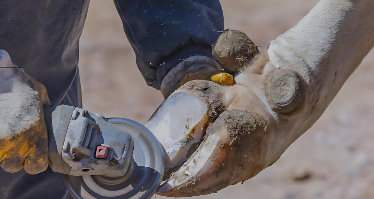 Worker performing hoof trimming using hoof care tools