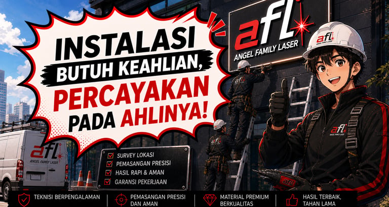 Proses instalasi signage sesuai kesepakatan oleh tim Angel Family Laser Cileungsi-Cibubur.
