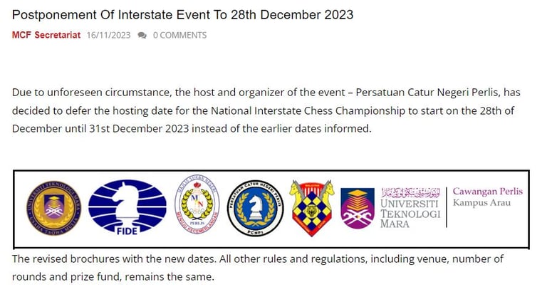 Malaysian Chess Federation. Interstate Event 2023. Catur Malaysia. Malaysia Chess