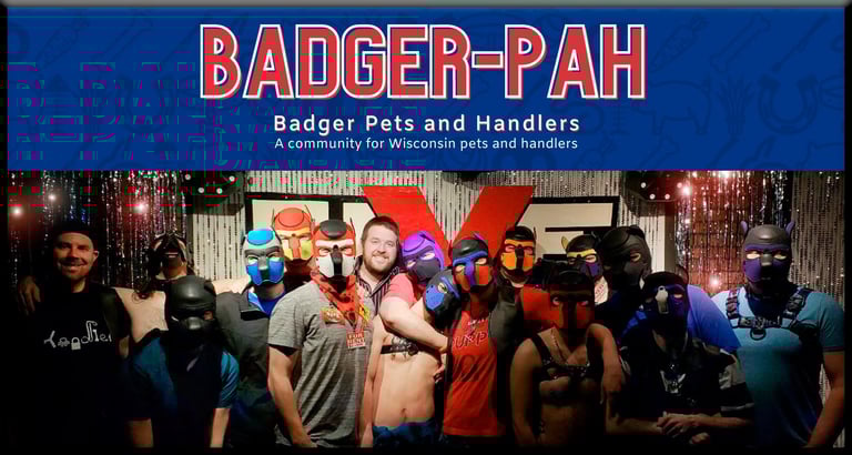 A group of men posing in pup masks. BADGER-PAH