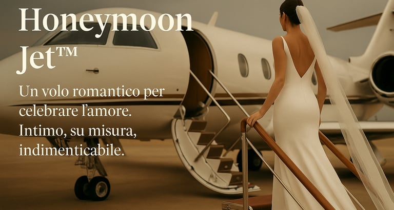Sposa con bouquet che sale a bordo di un jet privato per il viaggio di nozze Honeymoon Jet RD
