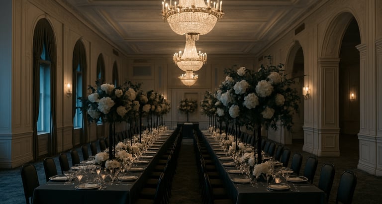 Wide environmental photograph of an empty gala ballroom on Chicago's Gold Coast — a long central table set with tall sculptural floral columns of white peonies and dark foliage, shot from the far end of the room with ambient evening light from overhead chandeliers, no guests, editorial and cool-toned, full installation visible in context