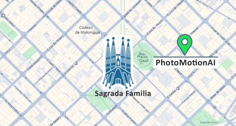 Map of PhotoMotion AI location in Barcelona, near Sagrada Familia.