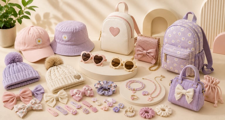A collection of pastel purple and pink kids' fashion accessories including backpacks, hats, and hair clips.