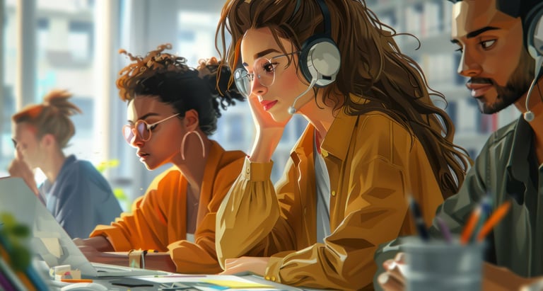 a group of people sitting at a table with laptops
