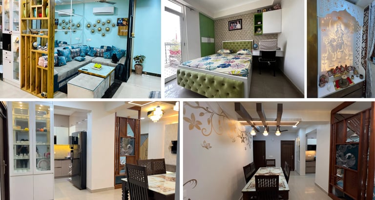Modern Indian home interior design showcasing a blue living room, green bedroom, and traditional puja room.