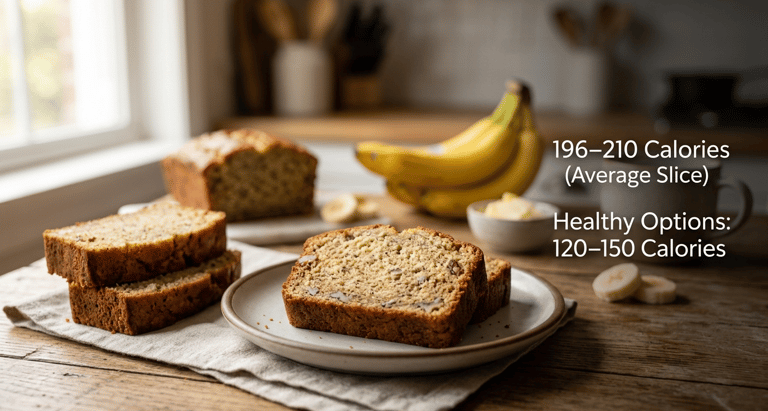 Freshly baked homemade banana bread loaf being sliced in a cozy kitchen with ingredients, illustrati