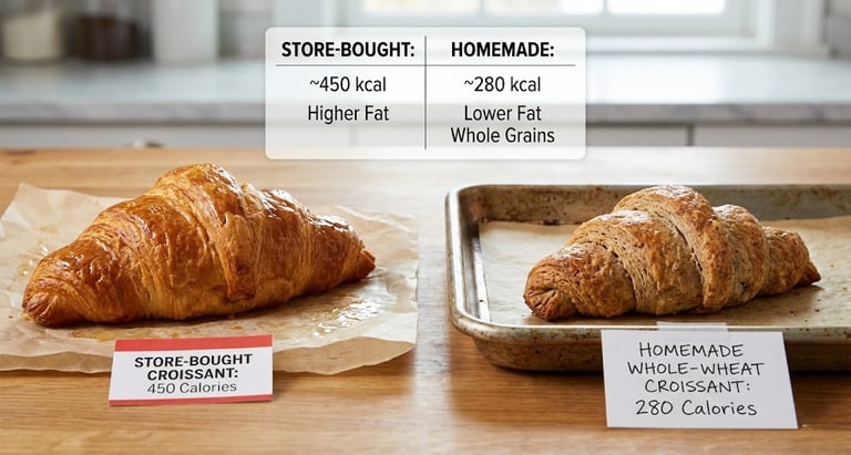 Store-bought vs homemade croissant calories comparison showing lower calorie homemade croissants