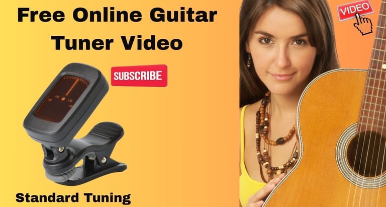 A woman with an acoustic guitar and  guitar online tuner for free online video lessons.