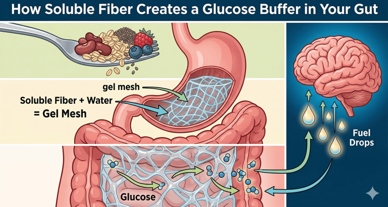 Soluble fiber gel mesh slowing glucose absorption in digestive system
