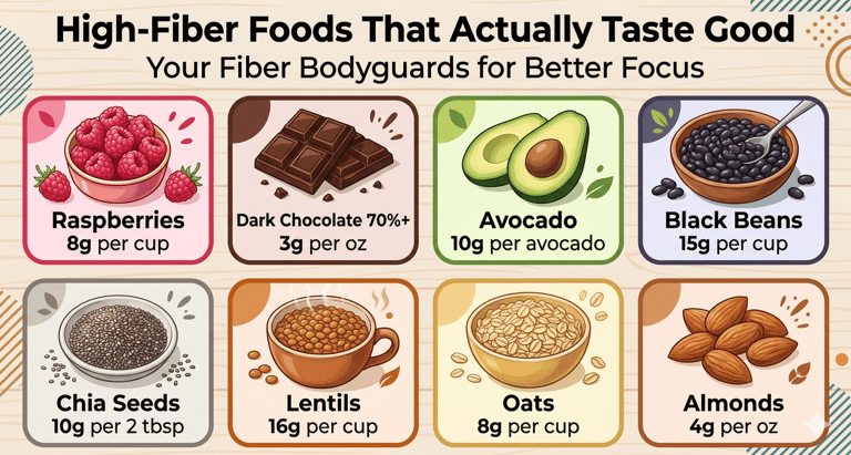 High fiber foods for brain focus including beans oats chia seeds and berries
