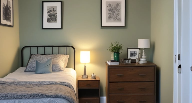 a bedroom with a bed and two chairs