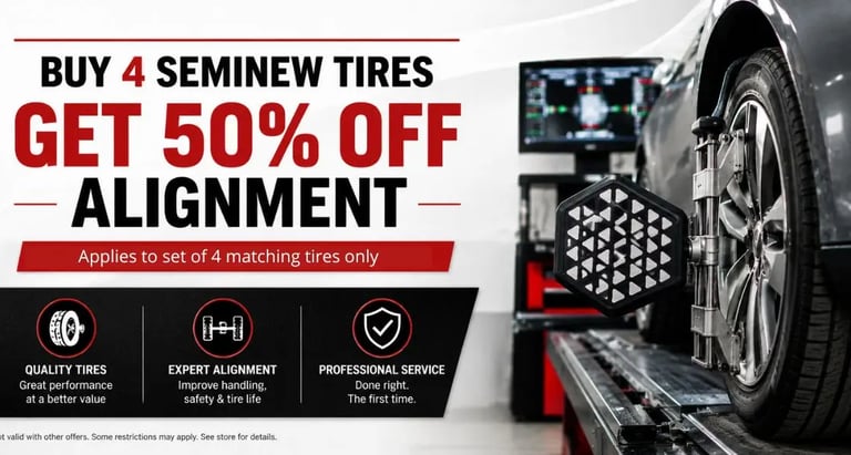 Promotional wheel alignment deal at Fast Tire Shop offering 50% off alignment with the purchase of 4