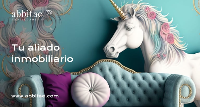 Un unicornio detrás de un sofá de terciopelo en un salón verde