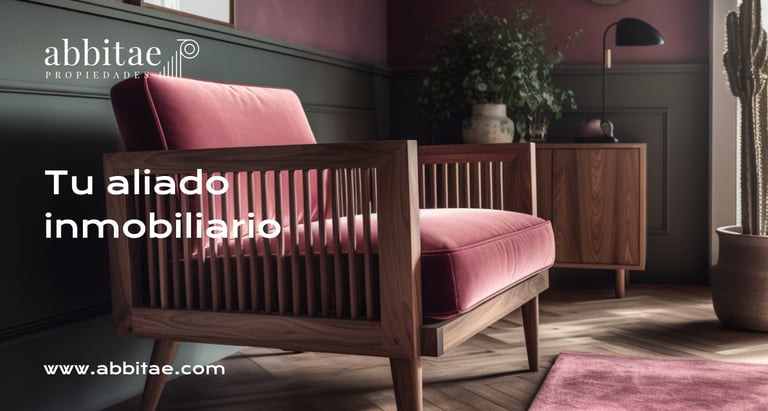 Un sillón rosa y una planta al fondo.