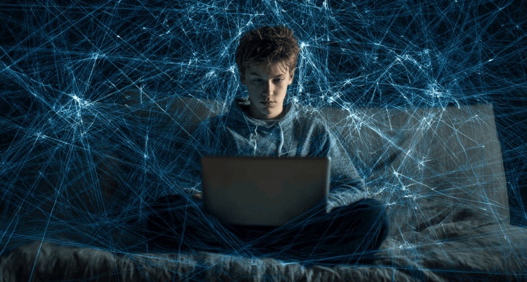 a man sitting on a bed with a laptop computer