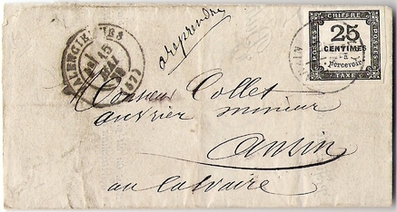 1873: Lettre en port dû de moins de 10 g VALENCIENNES pour ANZIN.