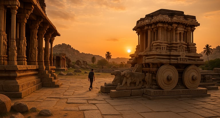 Sunset view of the ancient stone ruins at Hampi, featuring the iconic stone chariot, temple carvings, and a solo traveler wal