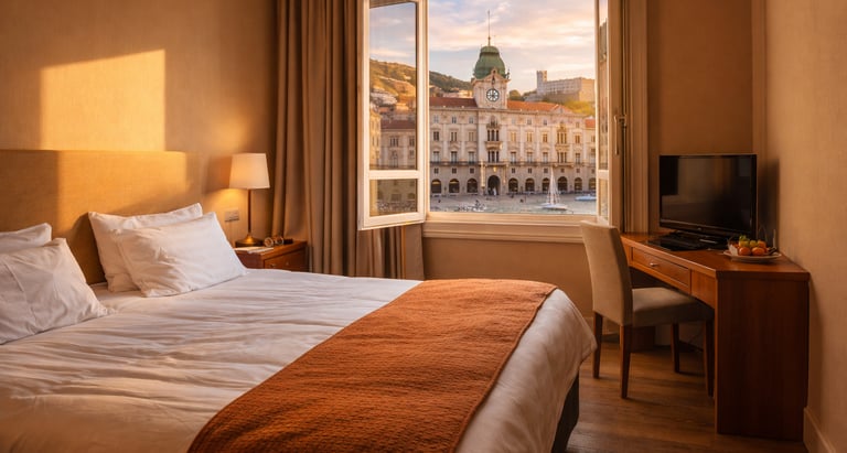 Budget-friendly hotel room with warm sunlight, cozy bed and desk, and an open window view over a European waterfront square