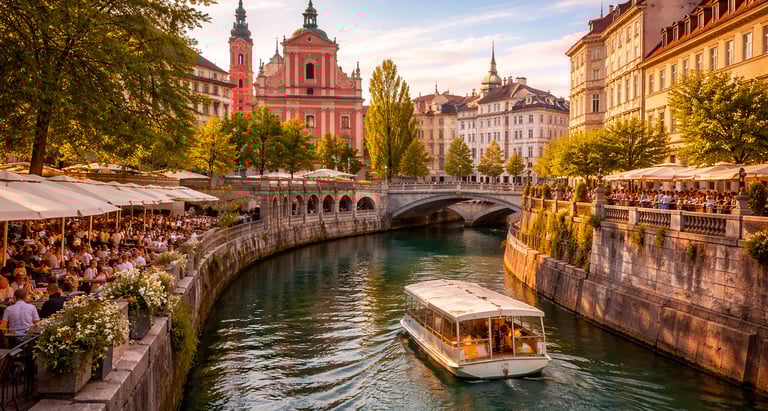 Ljubljana’s Ljubljanica River at sunset with riverside cafés, pastel old town buildings, bridges, and a riverboat cruise