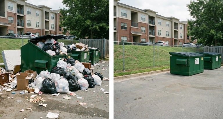 Apartment dumpster overflow cleanup before and after in Tampa Florida