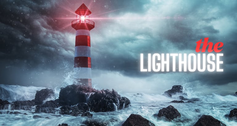 A red and white striped lighthouse beams light over crashing ocean waves during a dark storm.