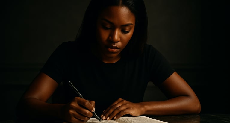 a woman is writing in a book